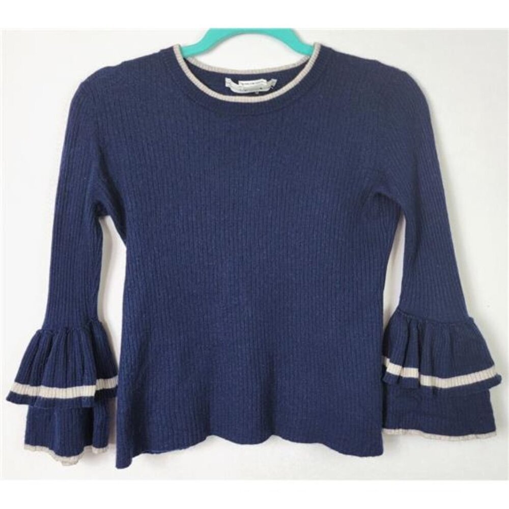 Frame Sweater Blue Bell-Sleeve Cropped White Trim Size M Wool Blend  Y2K